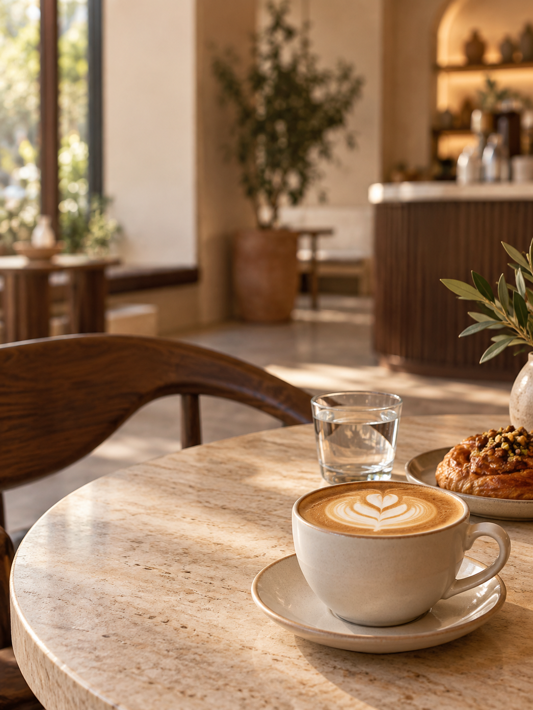Doğal ışıkta cappuccino ve kruvasan sunumu